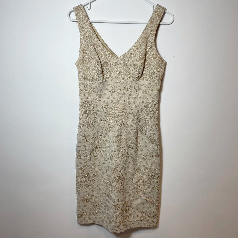 Vintage Mica Cocktail Sheath Dress Size 6‎ Womens Gold Embroidered Floral USA